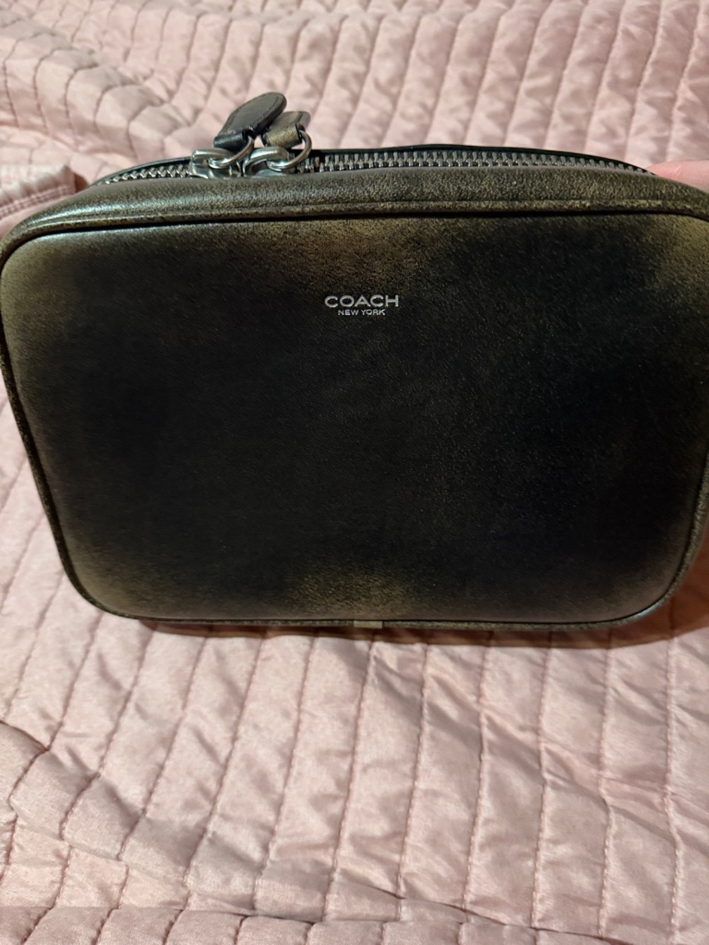 Coach Black Leather Toiletry Pouch with Silver Hardware